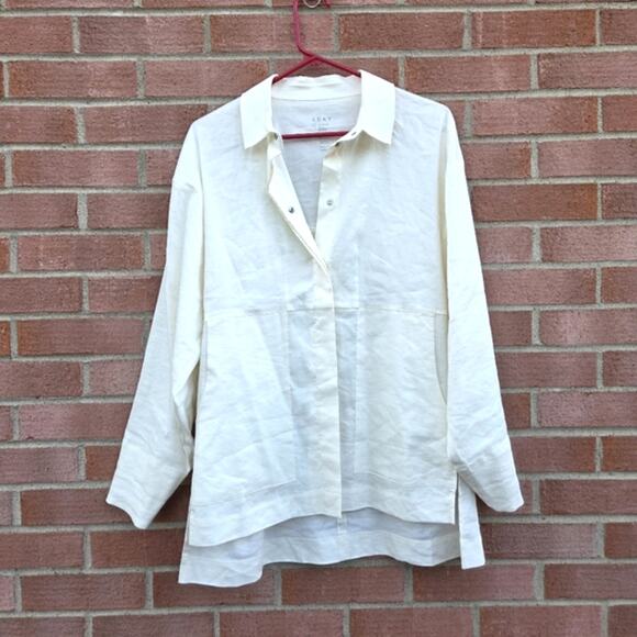 Aday Relax I'm Flax Stretch Linen Snap Button Top Shirt Cream Ecru Size Small - Picture 1 of 6